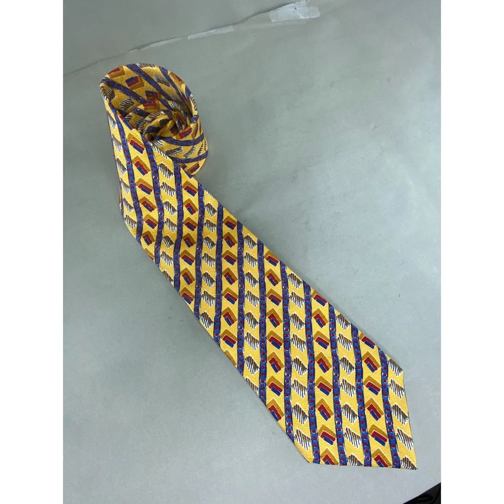 Perry Ellis Mens‎ Silk Tie Yellow Geometric Abstract Italian Silk USA 57